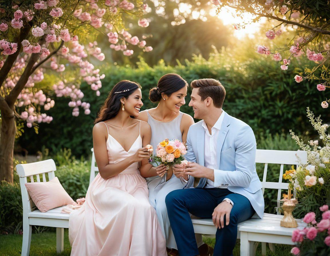 A vibrant scene depicting a diverse group of couples enjoying a lively garden party with hints of flirtation, laughter, and connection. Include elements like playful interactions, subtle glances, and open body language to symbolize emotional bonds. Soft, warm lighting enhances the ambience, while blossoms and soft colors create an inviting atmosphere. super-realistic. vibrant colors. warm lighting.