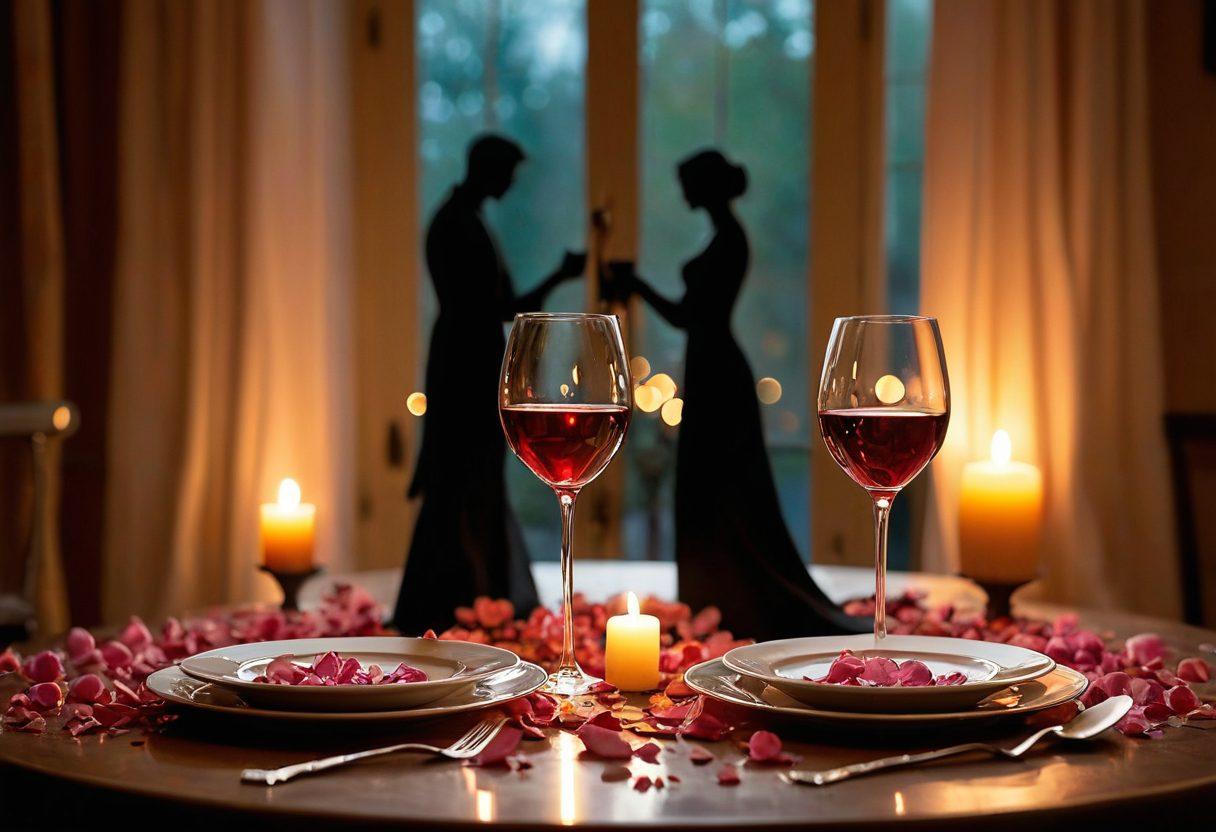 A cozy, intimate setting with a candlelit dinner table featuring two elegantly set places, soft rose petals scattered around, and ambient fairy lights twinkling in the background. Display a bottle of wine with two glasses, symbolizing romance. Incorporate silhouettes of a couple gazing into each other's eyes, embodying deep connection and intimacy. romantic art style. warm colors. soft focus.