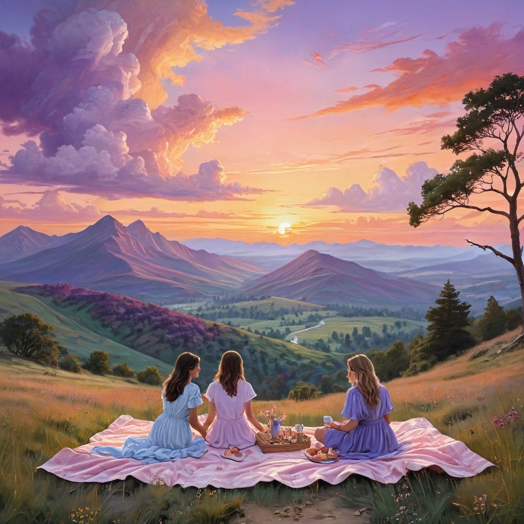 A whimsical, romantic landscape featuring two adventurous couples sharing a picnic on a lush hilltop, with soft pastel colors in the sky at sunset. Intertwined hands suggest a sense of exploration and connection, while a picnic blanket is adorned with scattered heart-shaped treats and wine glasses. Fluffy clouds and distant mountains create a serene backdrop, encapsulating the essence of love and adventure. impressionistic style. vibrant colors. soft focus.